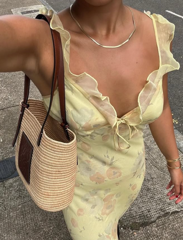 Light Yellow Sheath Straps Ruffle Print Floral Chiffon Evening Dress Outfits HZ1023